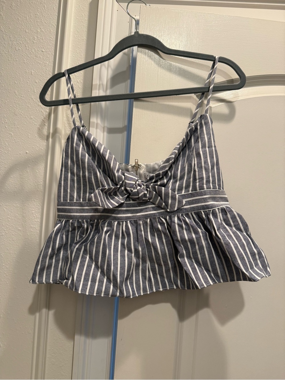 English Factory Navy and White Striped Tie-Front Peplum Cami